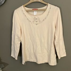 Anne Klein Beige Beaded Pearl Lace inset Sweater Medium